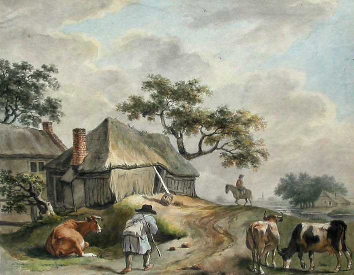 Bedelaar op weggetje met schuur en koeien